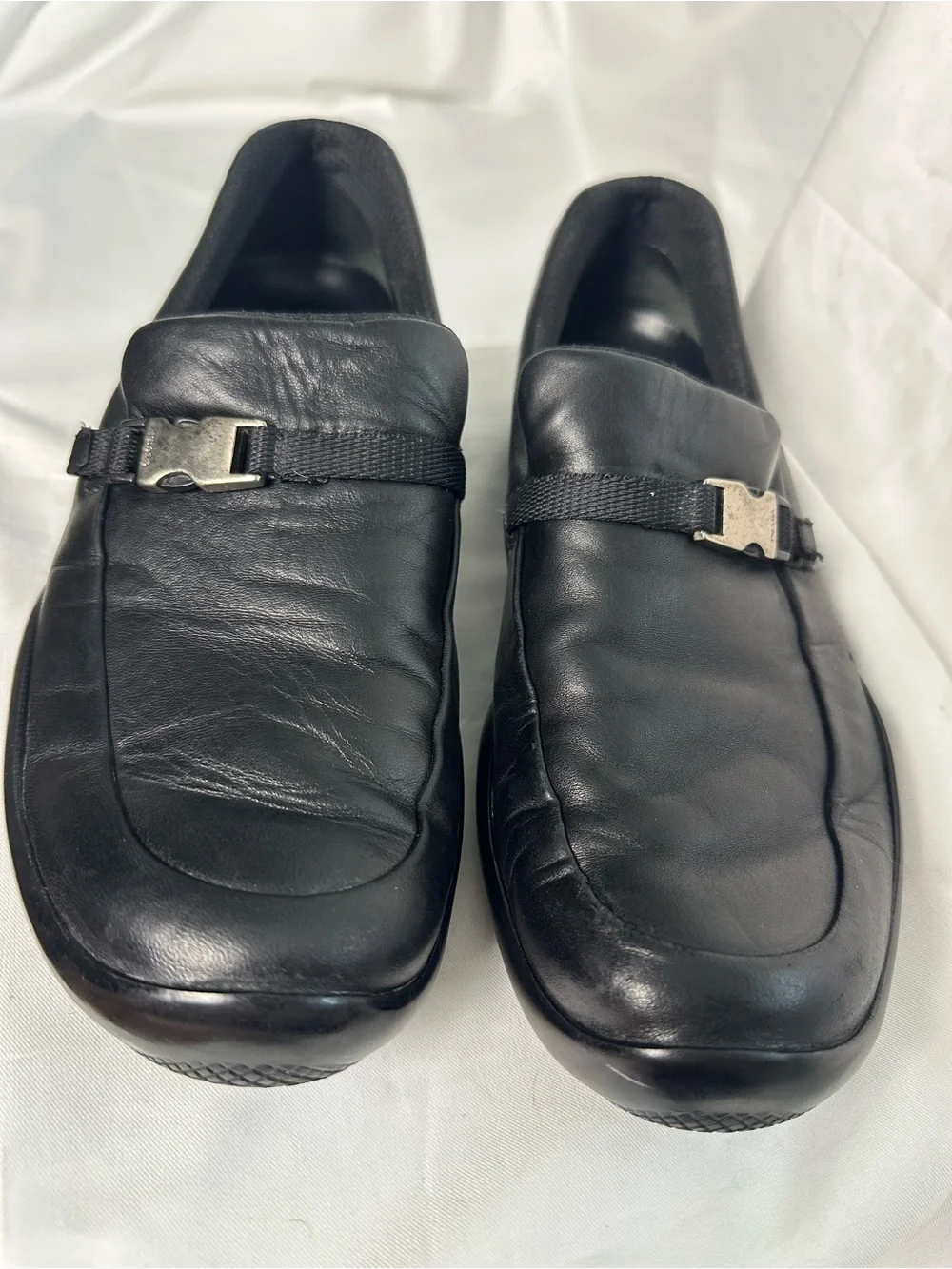 Prada Mens Black Leather Slip On Shoes Buckle Strap Size 6 EU 39 Italy